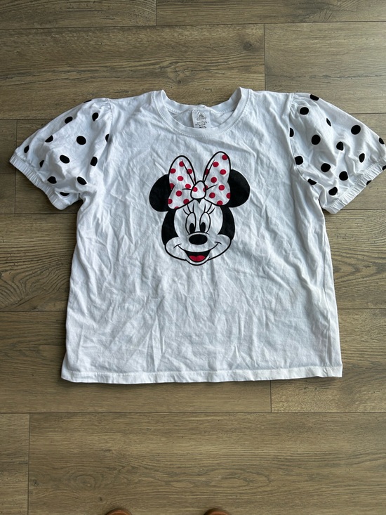 Disney Tops - Disney White Minnie Mouse Tee with Black Polka Dot Puff Sleeves and Red Bow